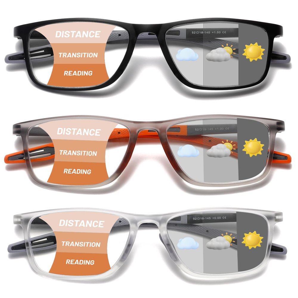 Hubeye Photochromic Progressive Reading Glasses for Men and Women Ultralight Flexible Anti-Blue Light ReadersClear+Black+Orange+2.5