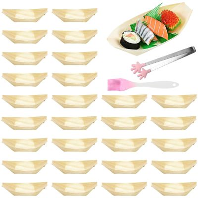 100pcs Wooden Party Plates for Dips Appetizers Natural Untreated Wood Single Uses Food Display Bowl Set with Tongs Brush Disposable Kitchenware