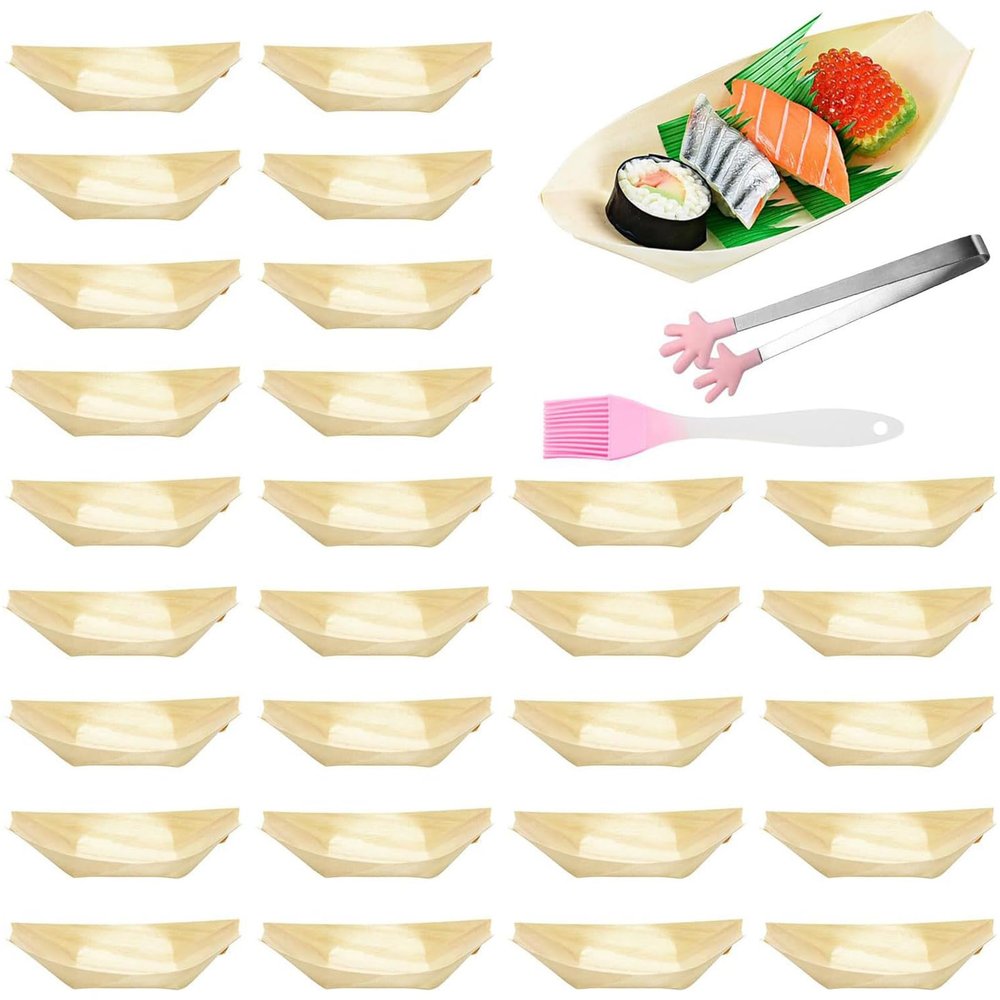 100pcs Wooden Party Plates for Dips Appetizers Natural Untreated Wood Single Uses Food Display Bowl Set with Tongs Brush Disposable Kitchenware