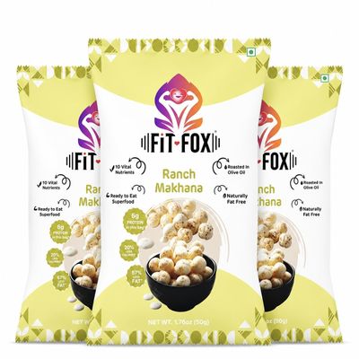 FIT FOX Ranch Makhana, Pack of 3 (50g Each) | Roasted Fox Nuts (Lotus Seeds) | Creamy Ranch Flavor | Roasted in Olive Oil | Gluten-Free Crunchy Snack. Flavour Variety Available in 12 delicious flavors.