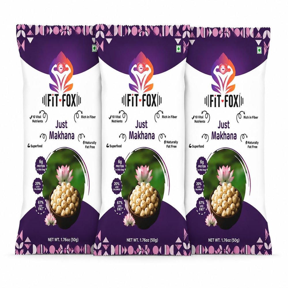 FIT FOX Just Makhana, Pack of 3 (50g Each) | Roasted Fox Nuts (Lotus Seeds) | Lightly Salted & Roasted in Olive Oil | Gluten-Free, Vegan, Plant-Based Healthy Snack. Variety Available in 12 delicious flavors.