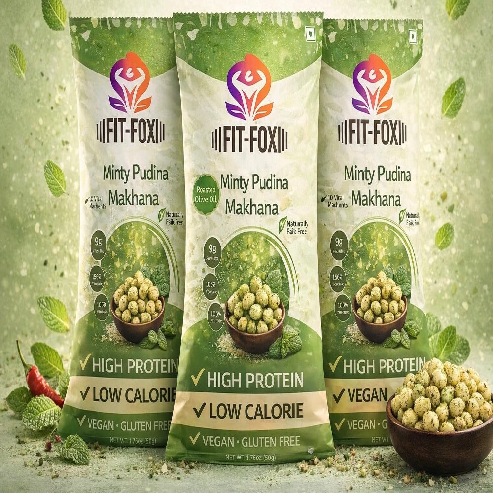 FiT FOX Minty Pudina Makhana, Pack of 3, Roasted Lotus Seeds Superfood Snack, 50g, High Protein, Naturally Fat Free, 10 Vital Nutrients. Flavored Popped Water Lily Seeds, Gluten-Free, Vegan, Nut-Free, Corn-Free, Soy-Free, Non-GMO, Delicious Plant-Bas