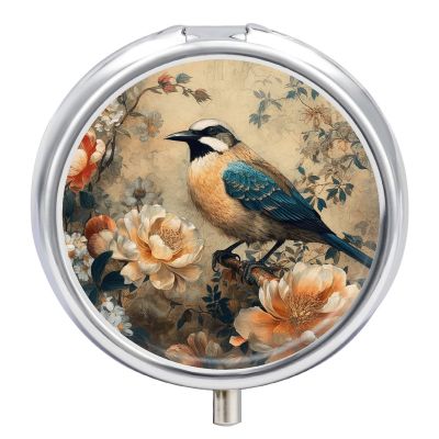 Classical Pattern Flowers Pill Box - Portable Pill Organizer with 3 Compartment and Small Mirror, Travel Pillcase for Pocket Or Purse Round Medicine Organizer Decorative Vitamin Organizer
