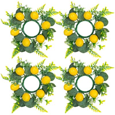 Chewtoyo 4-Piece Floral Candle Ring Wreaths for Seasonal Table Decor, 4-Inch Center, Bright Lemon and Flower Design, Great for Weddings and Special Events