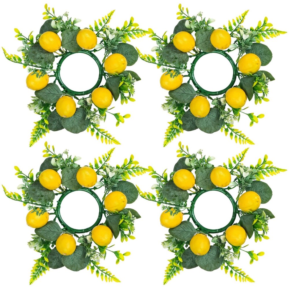 Chewtoyo 4-Piece Floral Candle Ring Wreaths for Seasonal Table Decor, 4-Inch Center, Bright Lemon and Flower Design, Great for Weddings and Special Events