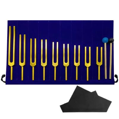 11 Pcs Solfeggio Tuning Fork Set in Aluminum Alloy, 9 Gold Forks with Two Mallets, Comes with Blue Pouch with Dividers, Frequency Range from 174 Hz to 963 Hz, Superb for Sound Therapy