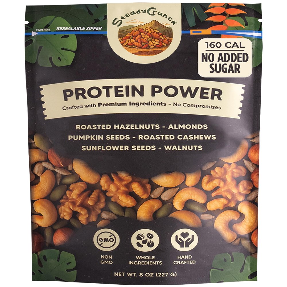 SteadyCrunch Protein Power Mixed Nuts - High Protein Snacks & Keto Nut Mix - Non-GMO, Vegan & Gluten Free Healthy Snacks - Almonds, Cashews & Walnuts Snack Packs for Adults - Pack of 1 (8 oz)