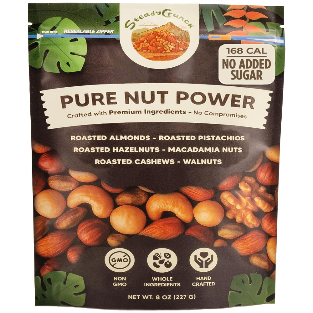 SteadyCrunch Pure Nut Power Mixed Nuts - High Protein, Keto Snacks & Low Carb Nut Mix - Non-GMO, Gluten Free & Sugar Free - Pistachios, Almonds & Walnuts Snack Packs for Adults - Pack of 1 (8 oz)