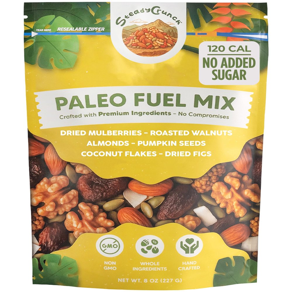 SteadyCrunch Paleo Fuel Trail Mix - Non-GMO & Gluten Free Healthy Snacks - Vegan Mixed Nuts and Dried Fruit Snack Packs - Walnuts, Almonds & Fig - High Fiber Snacks for Adults - Pack of 1 (8 oz)
