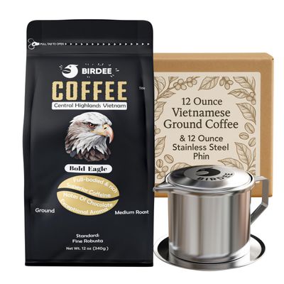 Birdee Vietnamese Coffee Gift Set - 12 Ounce 100% Robusta Ground & 12 Ounce Stainless Steel Phin Filter, Meets Fine Robusta Standard, Ideal for Strong Coffee Lovers, Bold, Smooth Hand Picked