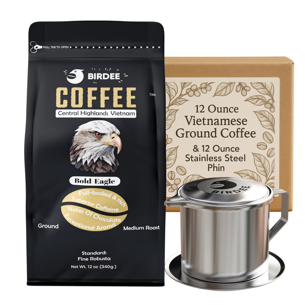 Birdee Vietnamese Coffee Gift Set - 12 Ounce 100% Robusta Ground & 12 Ounce Stainless Steel Phin Filter, Meets Fine Robusta Standard, Ideal for Strong Coffee Lovers, Bold, Smooth Hand Picked