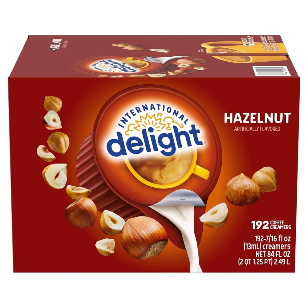 Delight International Hazelnut Coffee Creamer Singles 192 Count, Non-Dairy Creamers, Shelf-Stable Liquid Cups, Sweet & Nutty Flavor, Lactose-Free, No Refrigeration Needed