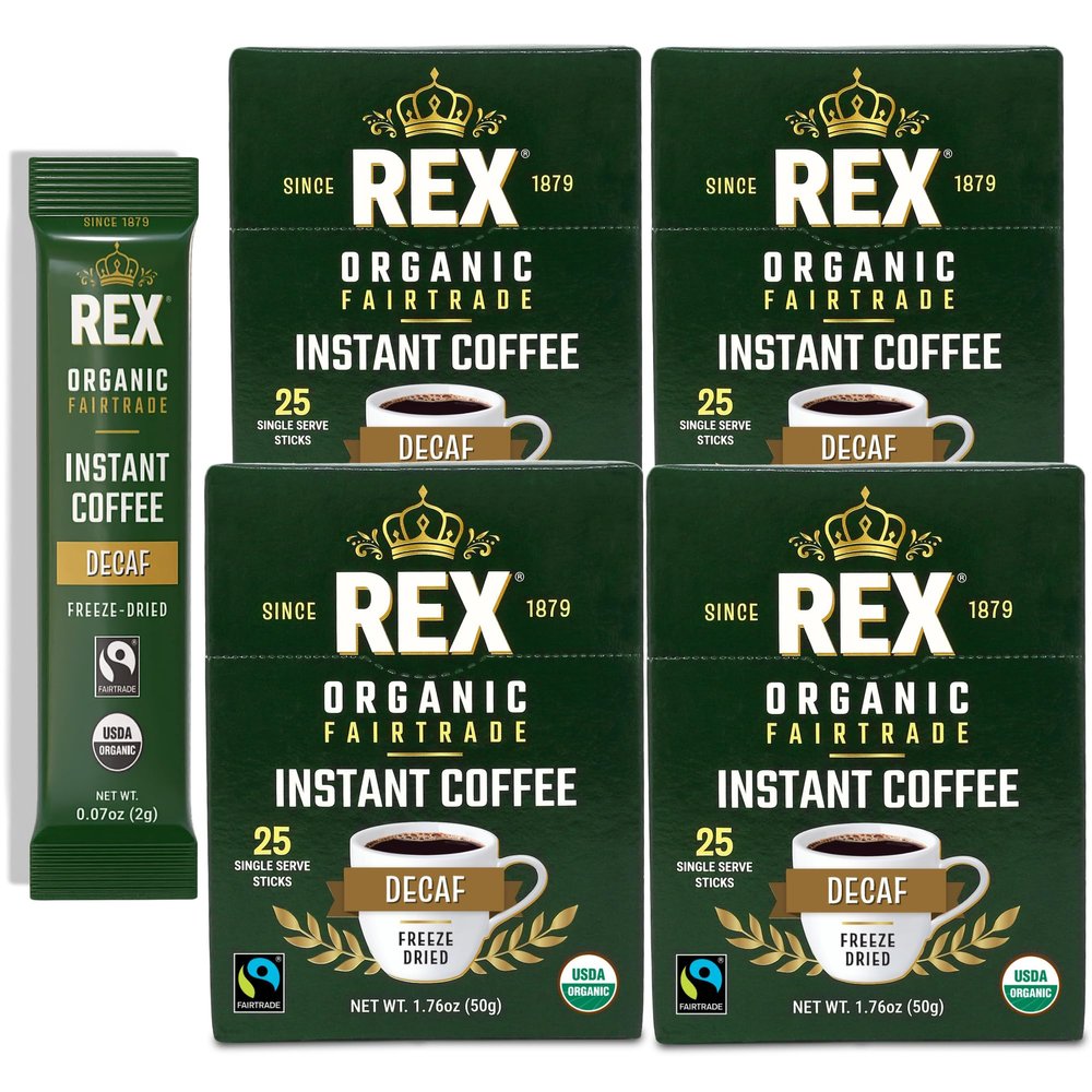 Rex Coffee Organic Fairtrade Decaf Instant Coffee Sticks, 100 Count