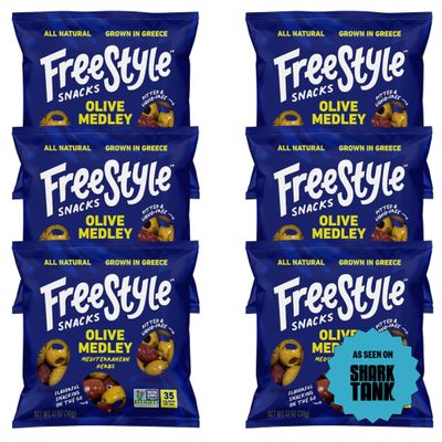 Freestyle Snacks Olive Snack Packs - As Seen on Shark Tank - Single Serve - Fresh Pitted Olives, Grown in Greece, All Natural, Non-GMO, Sugar-Free, Salty - Mediterranean Herb, 1.1oz (6 Pack)