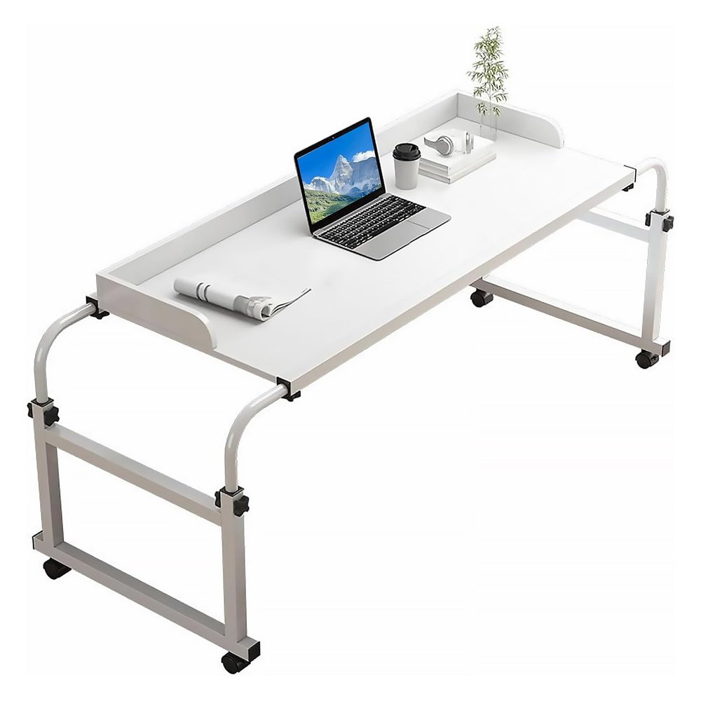 Hoiweqr Queen Size Mobile Over Bed Desk with Raised Baffle, Mobile Over The Bed and Recliner Table, Spacious Tabletop, Wear-Resistant and Durable, Adjustable Overbed Table with 360 Wheels