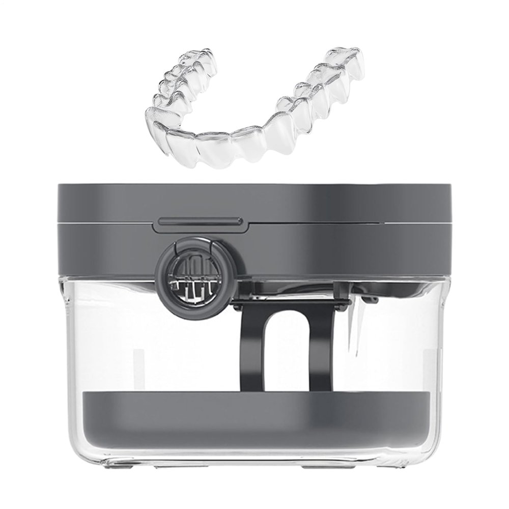 Denture Soaking Container - Bath Storage Cup, Hygiene Organizer Case | Mirror Lid Cover Denture Protection Tool Kit for Teen Girl Boy Child Senior Travel Night Guard, 3.62x2.8x3.78 Inches