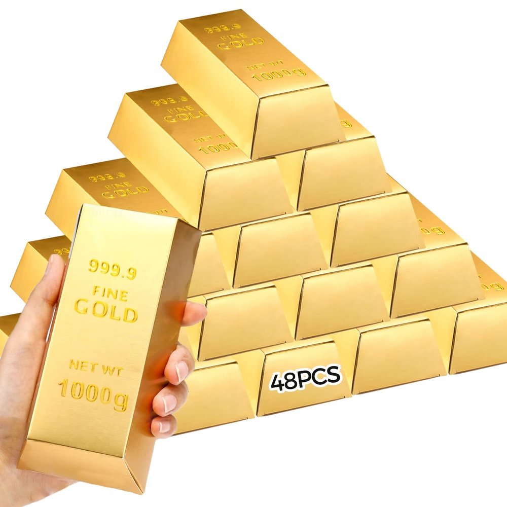 48 Pcs Large Gold Bar Treat Boxes 5.5 x 3.2 x 1.7 in Fake Gold Brick Gift Boxes for Pirate Parties, Casino Nights, Treasure Hunt, Party Favors