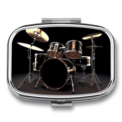 Cool Drum Set Pill Box 2 Compartment Medicine Pill Case Portable Pill Organizer for Pocket Or Purse Decorative Metal Medicine Vitamin Organizer