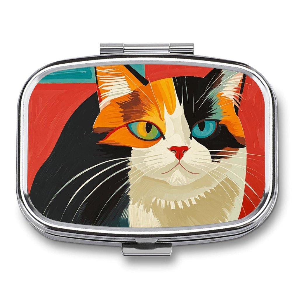 Modern Art Cat Pill Box 2 Compartment Medicine Pill Case Portable Pill Organizer for Pocket Or Purse Decorative Metal Medicine Vitamin Organizer