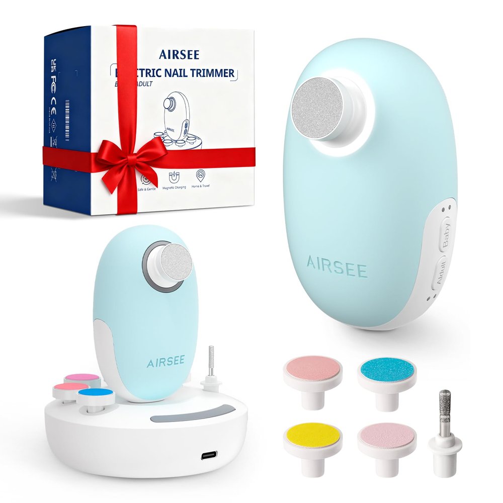 AIRSEE Premium Newborn Gift, Electric Baby Nail File, Cordless Safe Infant Nail Trimmer with 6 Replacement Pads, Magnetic Rechargeable Base, 360 LED Light, Baby Grooming Kit Gift (Light Blue)