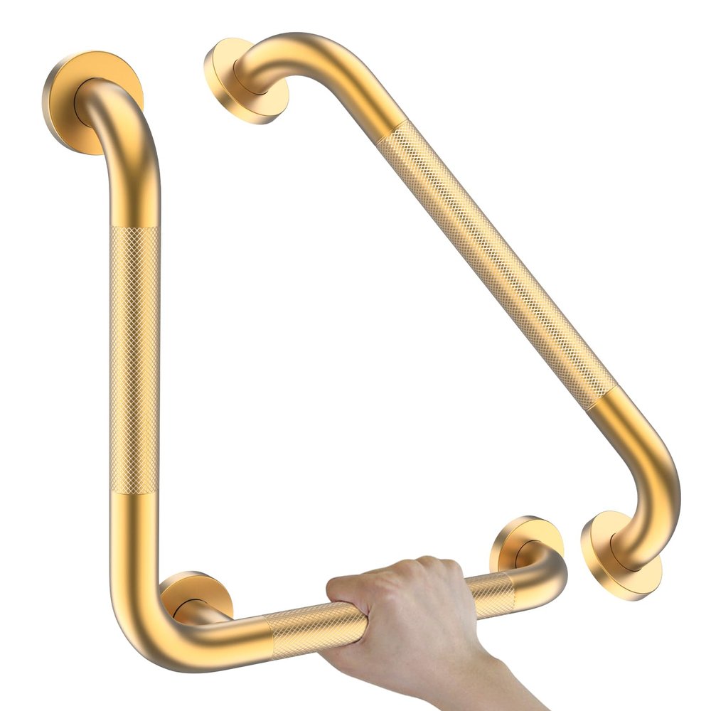 16" Angled Gold Bathroom Grab Bars for Shower with 20" Straight Munzong Toilet Handicap Grab Rail,Anti Slip Stainless Steel Knurled Safety Handle Support Elderly Injury Senior