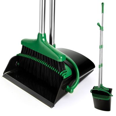 XXFLOWER Broom and Dustpan Set with Long Handle, Light Weight Stainless Steel Poles Stand Upright Dustpans with Broom Combo for Home Kitchen Office Pet Dog Hair, 1-Pack(Black Green)