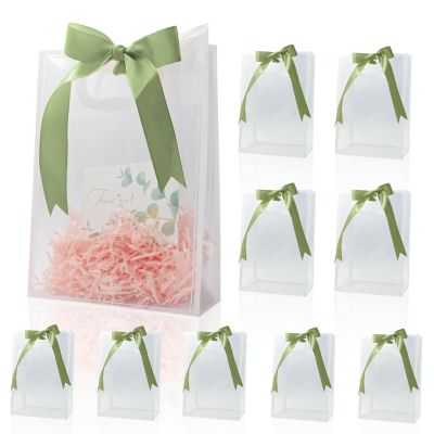 10 Pcs Clear Plastic Gift Bags with Handles and Ribbon, Reusable Thank You Bags for Weddings, Birthdays, Small Business Packaging, Party Favors, Gift Bags with Tags, 7x10x3.15 Inch, Transparent Clear Boxes for GiftsMatcha Green