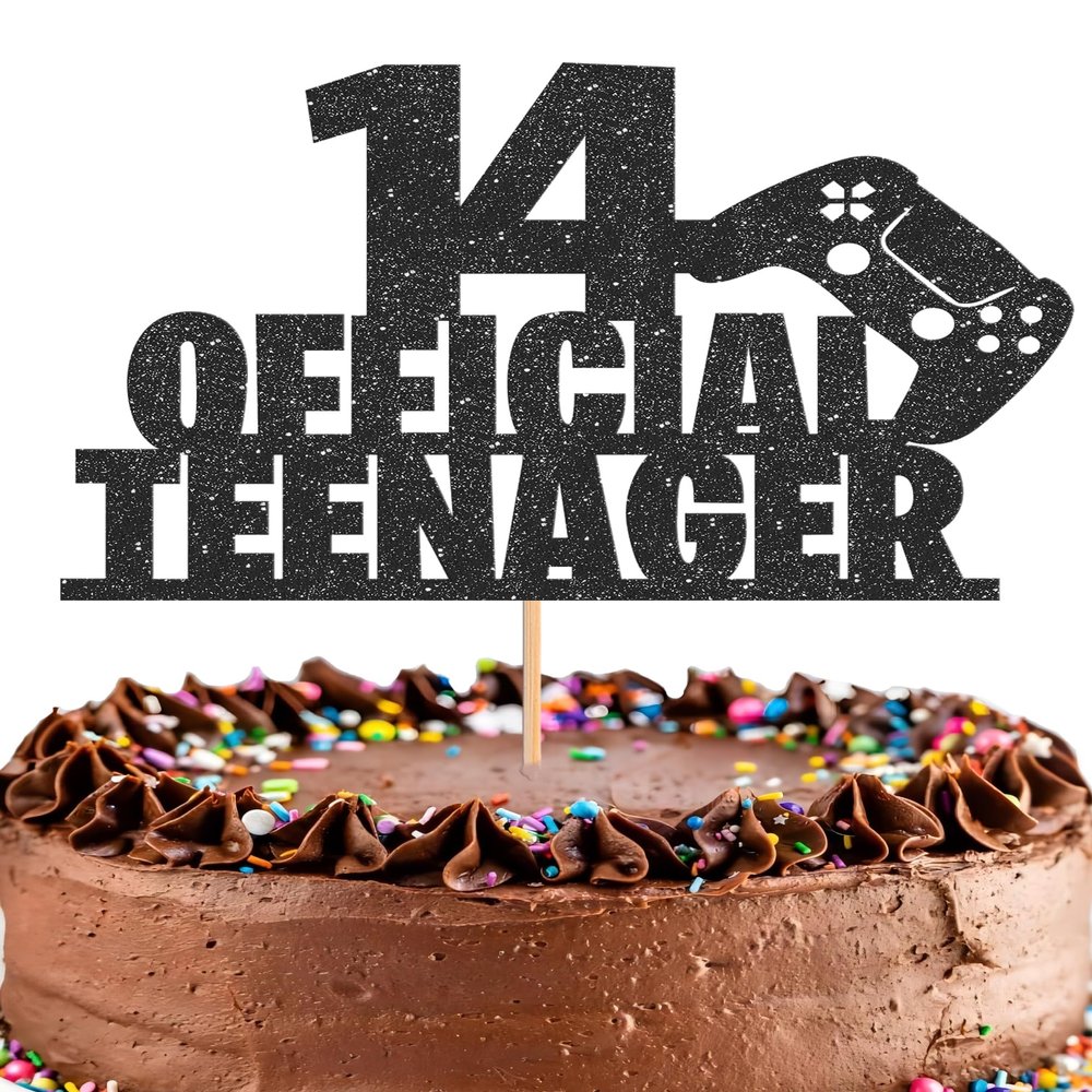 14 Official Teenager Cake Topper - Glitter Black 14th Birthday Cake Decorations, 14 Years Old Birthday Cake Smash Pick (14)