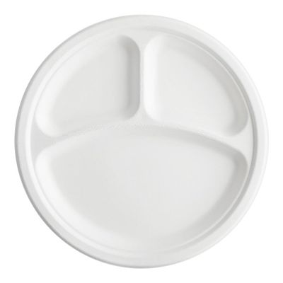 10" Compostable 3Compartment Plant Fiber Plate PFASFree, OilProof, Hot & Cold Food Safe 500/Case (White)