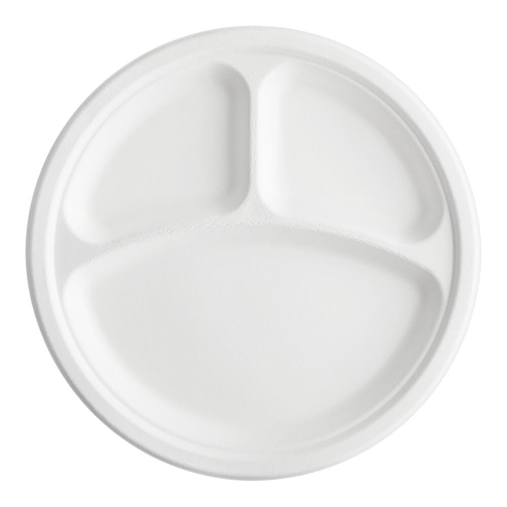 10" Compostable 3Compartment Plant Fiber Plate PFASFree, OilProof, Hot & Cold Food Safe 500/Case (White)