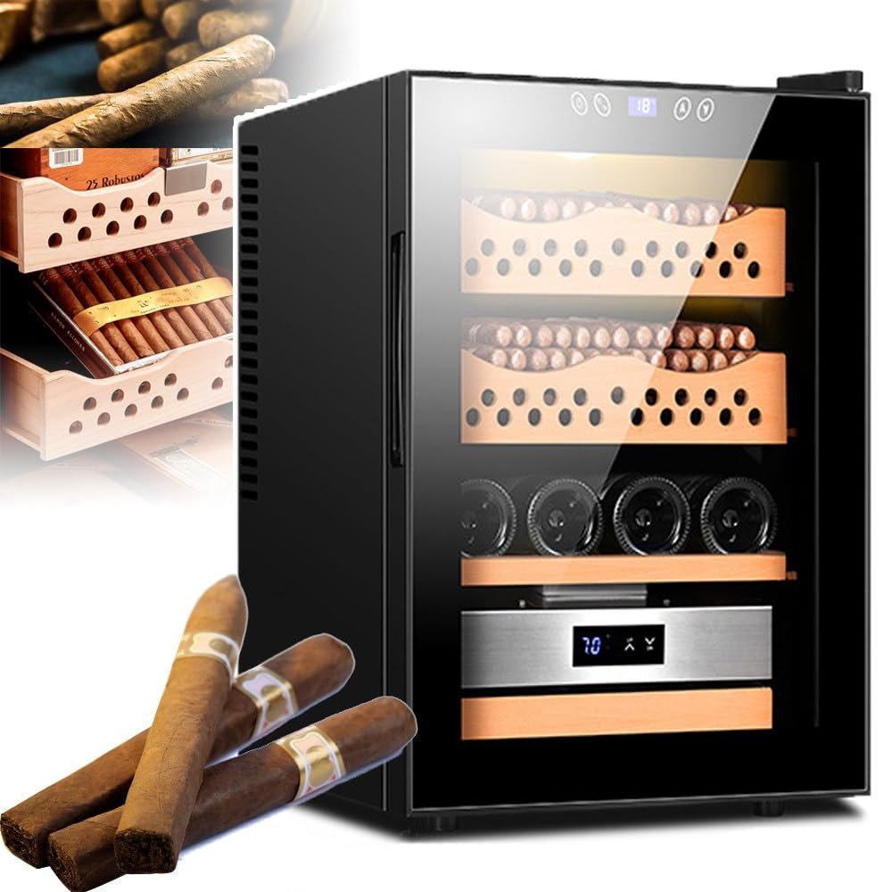 YDBMY 50l Humidors Cigar Cabinet(Storage Capacity: About 200~300 Sticks), Intelligent Electronic Cigar Humidor Cabinet, W/1 Box Shelf & 2 Cedar Cigar Baskets, Temperature 11~18c,Black-B