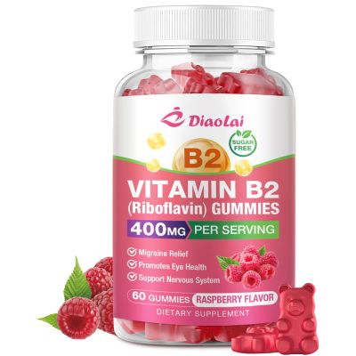 DIAOLAI Vitamin B2 Gummies Riboflavin 400mg Supplement with Magnesium for Kids & Adults, B2 Gummies for Migraine Relief & Nervous System Support, Vegan, Raspberry Flavor, 60 Count