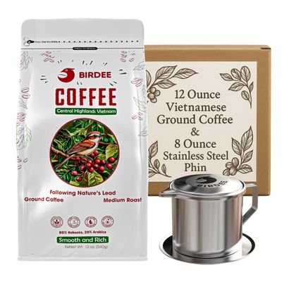 Birdee Coffee Ground Gift Set - 12 Ounce Bold Vietnamese Coffee Gift Bundle, Medium Roast, 80% Robusta, 20% Arabica, 8 Ounce Phin Filter Set, Rich Chocolate Notes, Ideal for Coffee Lovers