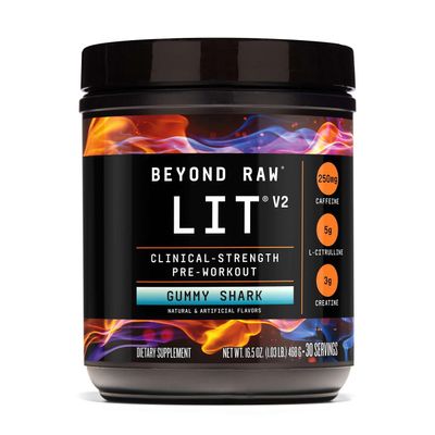 BEYOND RAW LIT V2 Clinical Strength Pre Workout Powder, Hits Harder, Bigger Pumps, Caffeine, L-Citrulline, Creatine, Gummy Shark, 30 Servings
