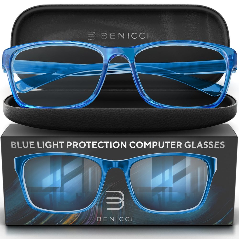 Stylish Blue Light Computer Blocking Glasses for Men and Women - Ease Digital Eye Strain, Dry Eyes, Headaches and Blurry Vision - Instantly Blocks Glare from Computers and Phone Screens, Case - Blue
