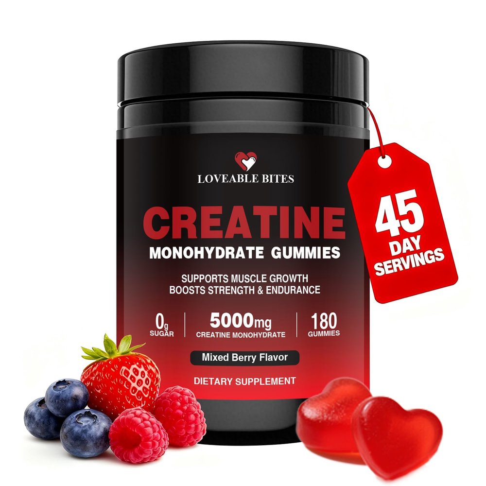 Loveable Bites Creatine Monohydrate Gummies 5000mg Creatine Gummies for Men & Women | Supports Muscle Strength, Endurance, Energy & Recovery | Sugar-Free, Vegan, Mixed Berry Flavor, 180 Count