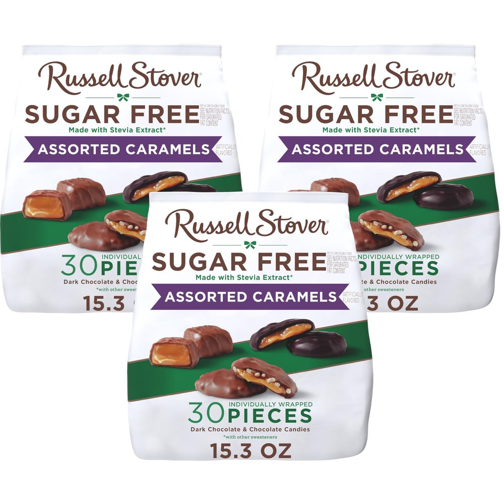 RUSSELL STOVER Sugarfree Assorted Caramels in Chocolate Candy, 15.3 oz. bag, 3 Pack