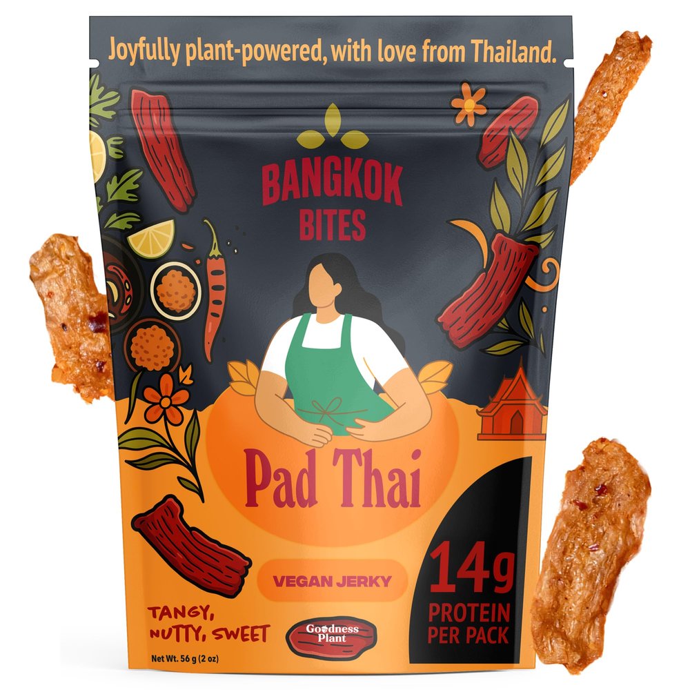 Bangkok Bites Vegan Jerky Pad Thai, Real Ingredients, High-Protein, Low Fat, Plant-Based Snacks, Non-GMO Soy, Chewy Texture, Natural, No Artificial Flavors, 2 oz (1-Pack)