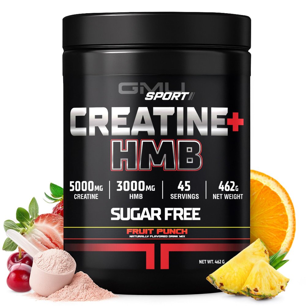 GMU SPORT Creatine HMB Powder 45 Servings 5g Creatine Monohydrate + 3g HMB + Piperine Muscle Growth, Strength & Recovery Fruit Punch