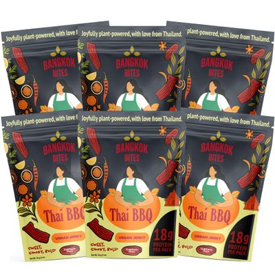 Bangkok Bites Vegan Jerky Thai BBQ, Real Ingredients, High-Protein, Low Fat, Plant-Based Snacks, Non-GMO Soy, Chewy Texture, Natural, No Artificial Flavors, 2 oz (6-Pack, Thai BBQ)
