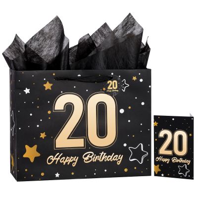 Powbrace 13" Birthday Gift Bag with Tissue Paper & Card(Black 20th)