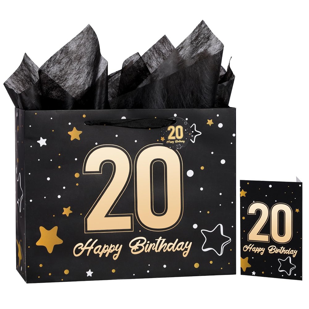 Powbrace 13" Birthday Gift Bag with Tissue Paper & Card(Black 20th)