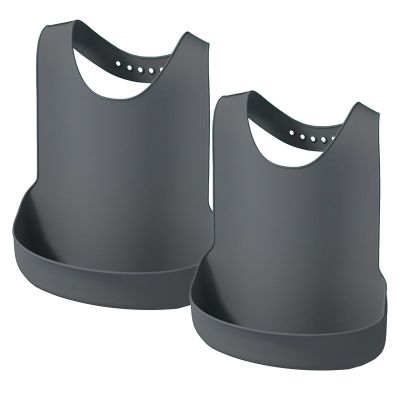 Tiwerlfe Silicone Adult Bib, Pack of 2 Adjustable and Washable Bib for Men & Women, Waterproof for Elderly with Crumb Catcher (Dark Grey)