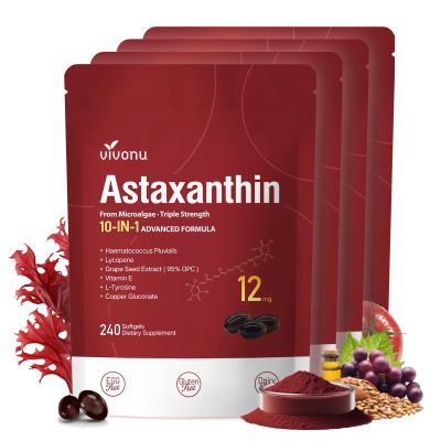 10 in 1 Astaxanthin Supplements 12mg, 16 Month Supply, Astaxantina Antioxidant from Fresh Haematococcus Pluvialis, Contains Lycopene, Grape Seed, Vitamin E, More Supports Eye, Joints, Skin Health 4Bag