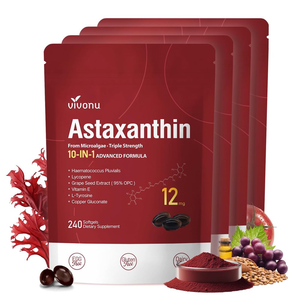 10 in 1 Astaxanthin Supplements 12mg, 16 Month Supply, Astaxantina Antioxidant from Fresh Haematococcus Pluvialis, Contains Lycopene, Grape Seed, Vitamin E, More Supports Eye, Joints, Skin Health 4Bag