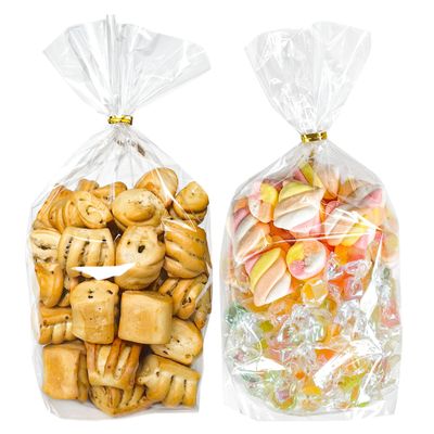 6 x 9 Bottom Gusset Cellophane Gift Bags, 50Pcs Flat Bottom Clear Gifts Bags with Twist Ties for Party Favor Packaging, Gift Mug Wrapping, Small Plastic Treat Goodie Bags for Cookie, Candy, Popcorn
