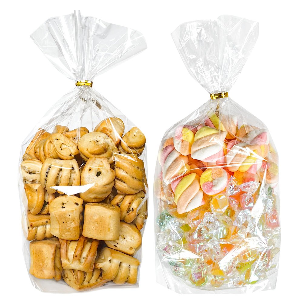 6 x 9 Bottom Gusset Cellophane Gift Bags, 50Pcs Flat Bottom Clear Gifts Bags with Twist Ties for Party Favor Packaging, Gift Mug Wrapping, Small Plastic Treat Goodie Bags for Cookie, Candy, Popcorn
