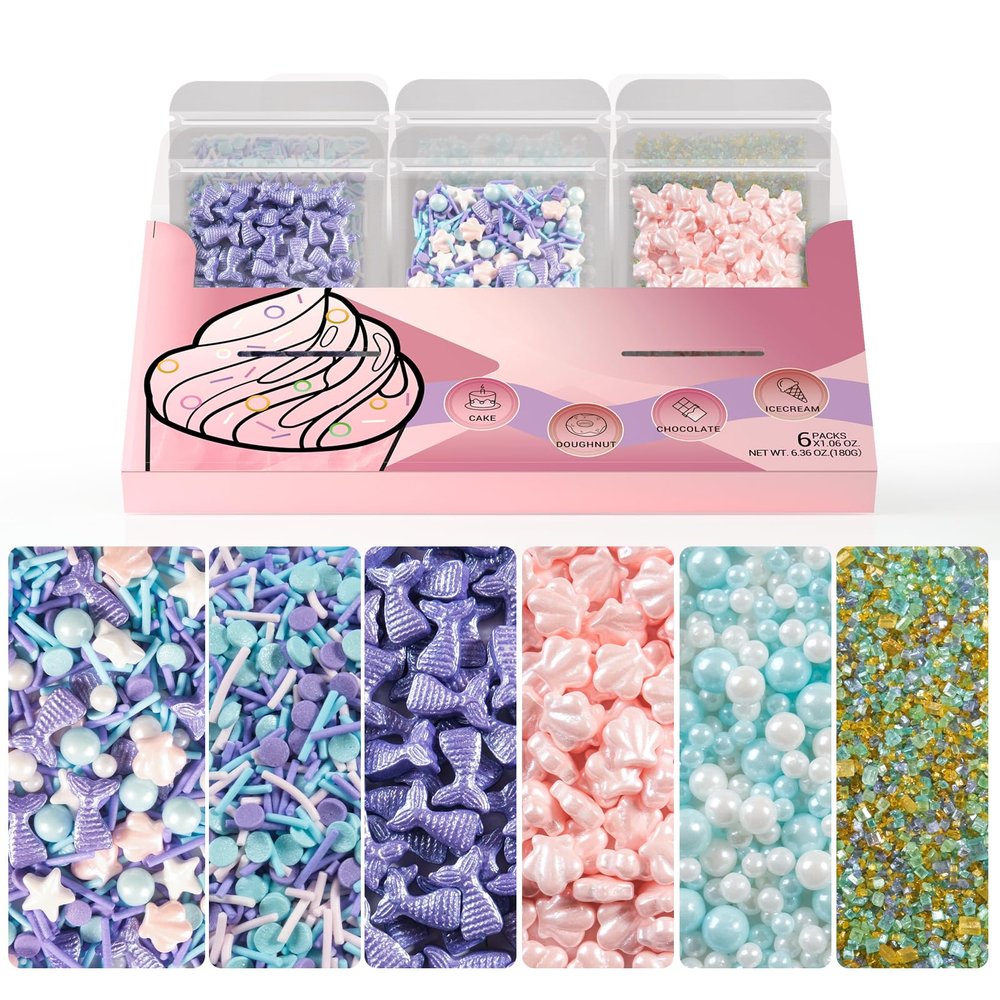 HUEBEATY 6-in-1 Mermaid Sprinkles Set 180g Edible Mermaid Sprinkles & Seashell Cake Decorations, Under the Sea Ocean Sprinkles for Cake Decorating, Cupcakes, Cookies, Ice Cream & Summer Desserts