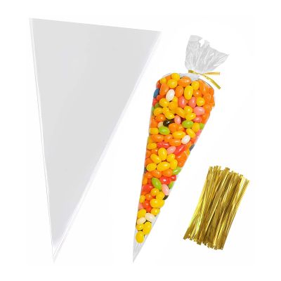 100pcs Cone Shaped Treat Bags 6.3x11.8 Inch Clear Plastic Triangle Bag for Popcorn Favor Candy, Food-Grade Plastic Treat Bags for Snacks, Cookies, Christmas Potpourri Cellophane Bags, Halloween Triangular Candy Bag