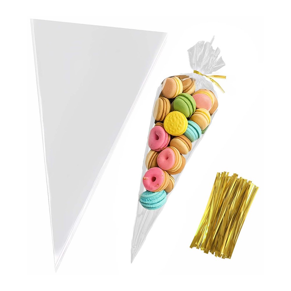 100pcs Cone Shaped Plastic Snack Bags 7x15 Inch Clear Cellophane Treat Bags with Twist Ties Large Cotton Candy Bags or Bolsas Transparentes para Dulces for Popcorn Cookies Chocolates Candy Party Favors and Gifts